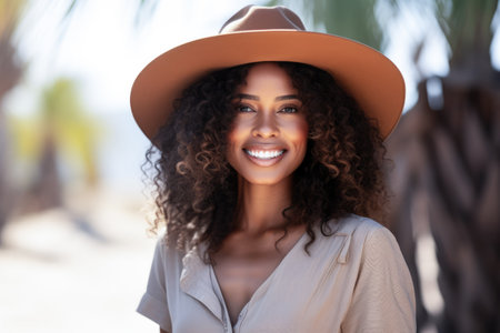 Young African American Woman with curly hair on holidaysの素材