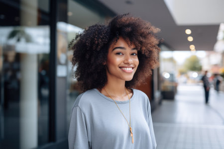 Young African American Woman with curly hair standing in front of a shopの素材