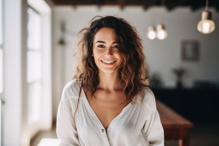 Beautiful woman smiling in an indoor sceneの素材
