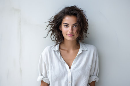 Beautiful woman leaning against a white wallの素材
