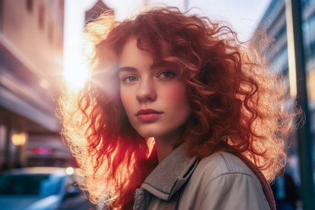 Closeup of a young woman in a cityの素材
