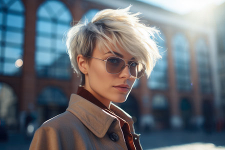 Portrait of a young woman with short hair in a city sceneの素材