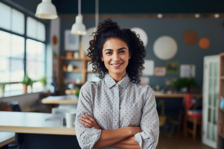 Smiling woman at her homeの素材