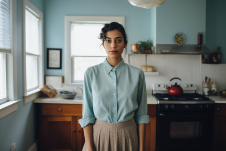 Young woman in the kitchen of her homeの素材