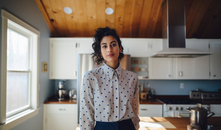 Young woman in the kitchen of her homeの素材