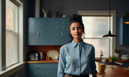 Young woman in the kitchen of her homeの素材