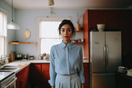 Young woman in the kitchen of her homeの素材
