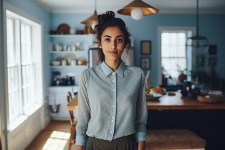 Young woman in the kitchen of her homeの素材