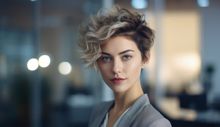 Young businesswoman with short hair at her officeの素材