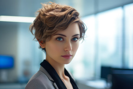 Young businesswoman with short hair at her officeの素材