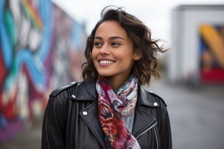 Young confident woman in a leather jacket smilingの素材