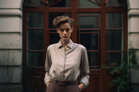 Woman standing in front of a buildingの素材