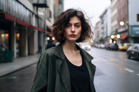 Young confident woman posing on a streetの素材