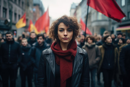 Woman activist leading a protestの素材
