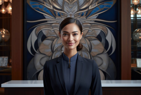 Young hotel receptionist woman at the hotel lobbyの素材