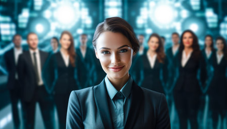 Young business woman looking at the camera with her colleagues on the backgroundの素材