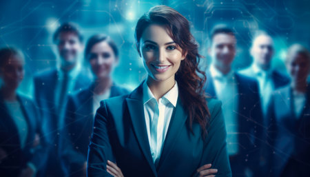 Young business woman looking at the camera with her colleagues on the backgroundの素材