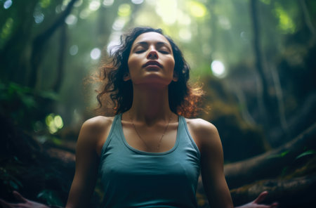 Young woman meditating and relaxing in a forestの素材
