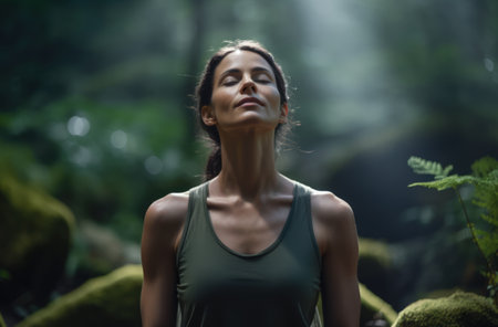 Young woman meditating and relaxing in a forestの素材