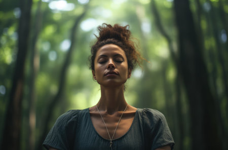 Young woman meditating and relaxing in a forestの素材