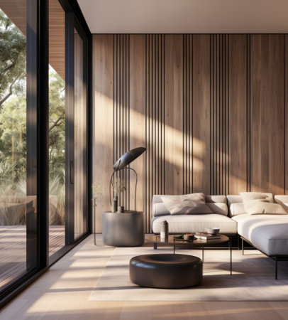 Luxury living room interior composition with a paneled wall, a sofa a window next to them.の素材