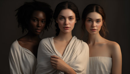 Portrait of three multicultural women standing togetherの素材