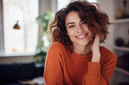 Happy young woman relaxing at homeの素材