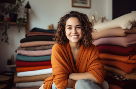 Happy woman chilling at home in a winter sceneの素材