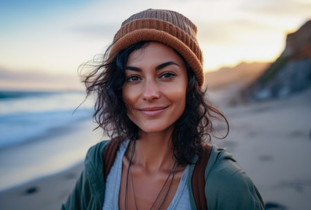 Selfie of a young woman at a beach areaの素材