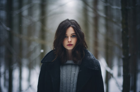 Woman alone in the forest during a winter snowの素材