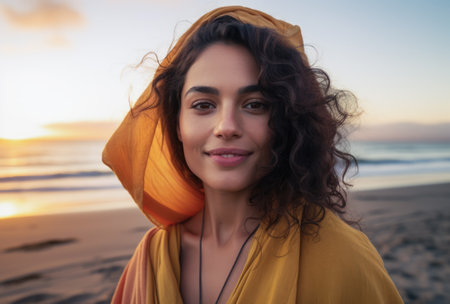 Selfie of a young woman at a beach areaの素材