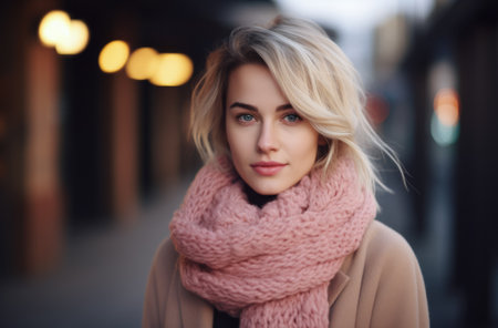 Young woman smiling in a winter sceneの素材