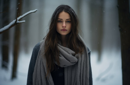 Young woman alone in a snowy forestの素材