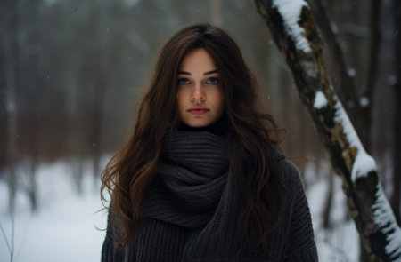 Young woman alone in a snowy forestの素材