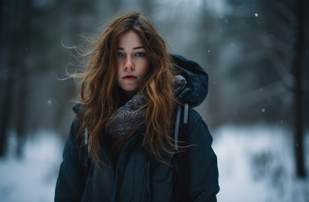 Young woman alone in a snowy forestの素材