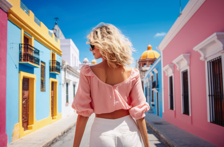 Woman walking on a colorful city streetの素材