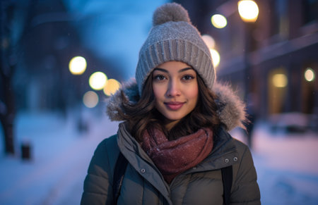 Young woman looking at camera while standing outdoors in winterの素材