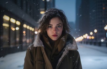 Young woman looking at camera while standing outdoors in winterの素材