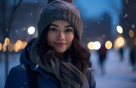 Young woman looking at camera while standing outdoors in winterの素材