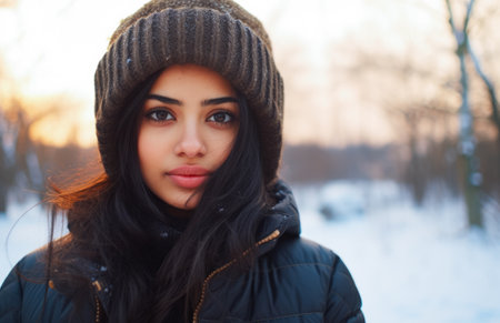 Young Indian woman looking at camera in a winter sceneの素材