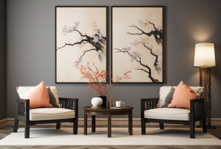 Modern living room composition with two chairs and a coffee tableの素材