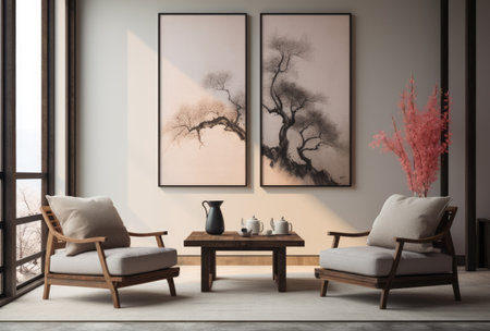 Modern living room composition with two chairs and a coffee tableの素材