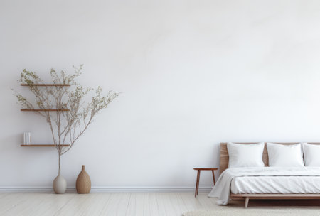 Modern bedroom interior with white walls and minimal furnitureの素材