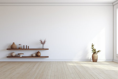 Modern bedroom interior with white walls and minimal furnitureの素材