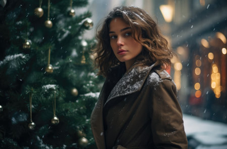 Woman next to the Christmas tree under a snowfallの素材