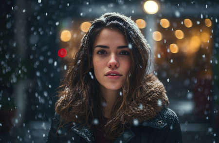 Woman under a snowfall in Christmas timeの素材