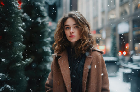 Woman next to the Christmas tree under a snowfallの素材