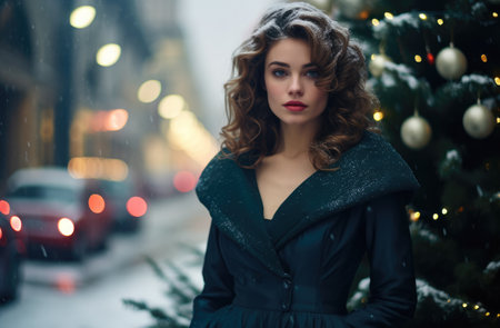 Woman next to the Christmas tree under a snowfallの素材