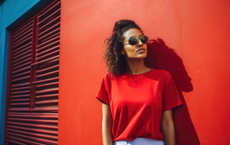 Happy young woman leaning against a colorful wallの素材