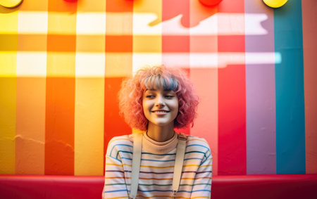 Happy young woman leaning against a colorful wallの素材